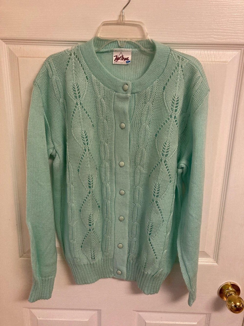 Vintage Mint Green Button-Front Eyelet & Cable Knit Cardigan